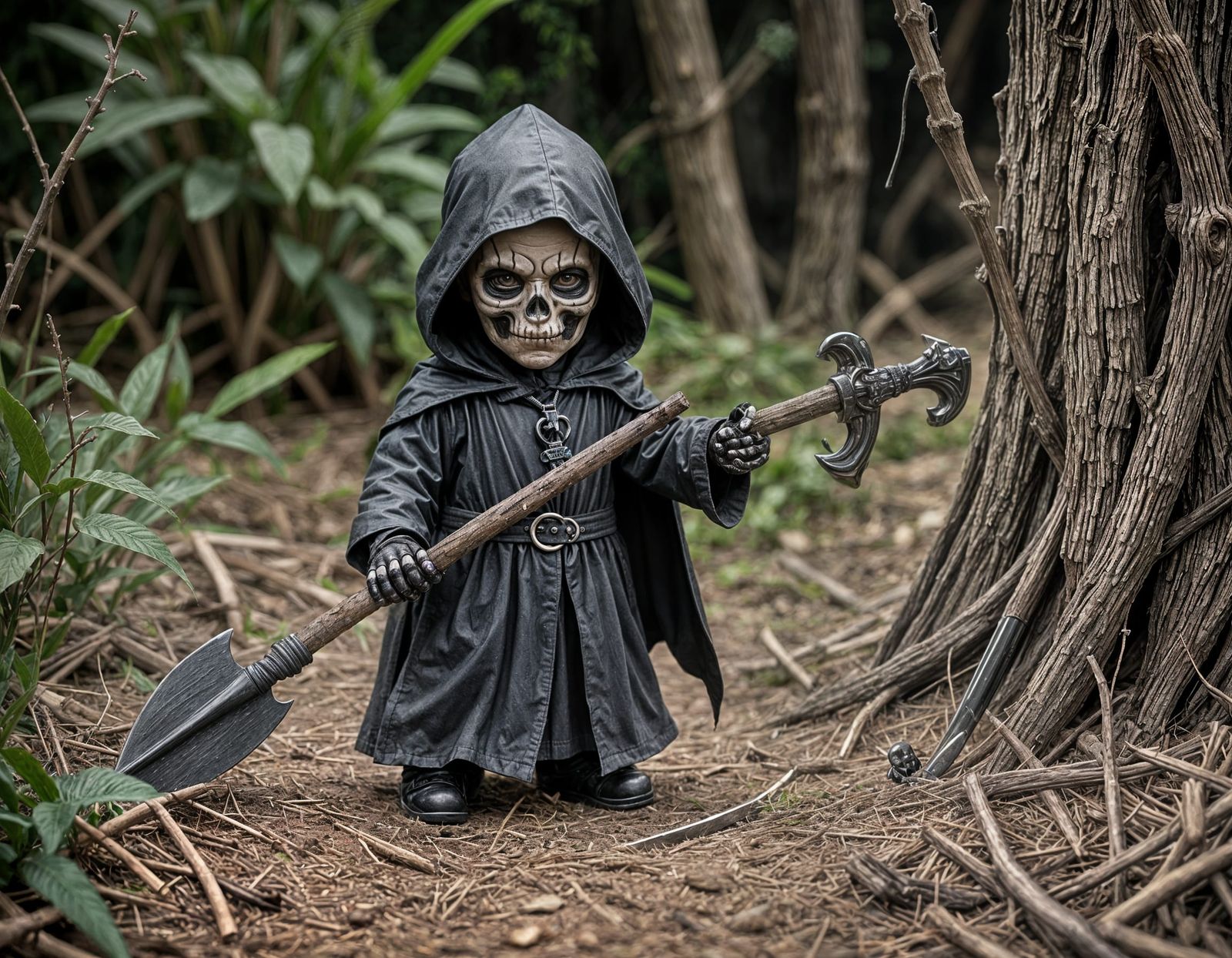 Hyperrealistic Baby Grim Reaper Playing Hide-and-Seek