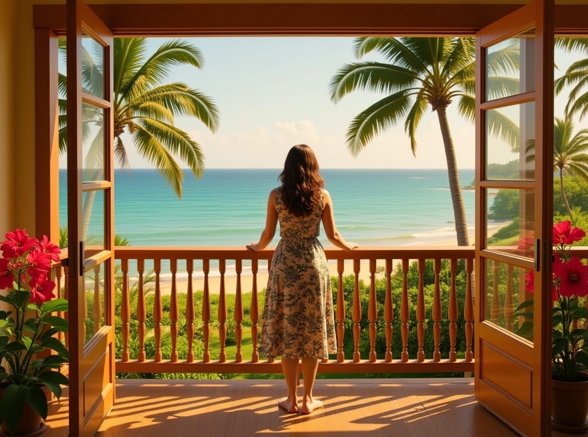 Serene Woman Gazing at Hawaiian Sea, Dreamy Illustration