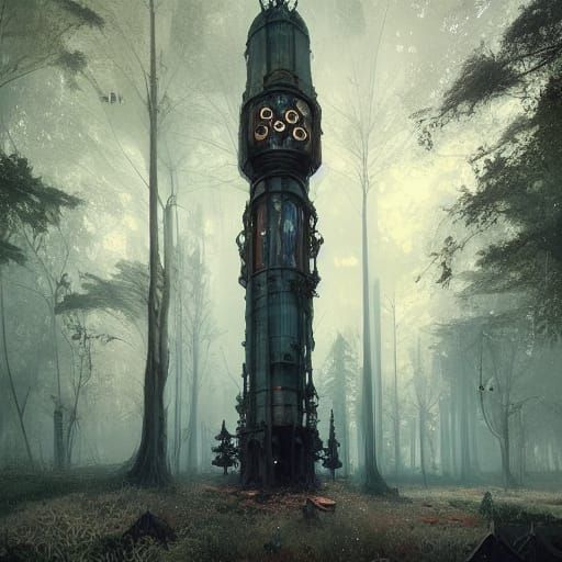 Grandfather Clock Forest in Acrylic Art Style