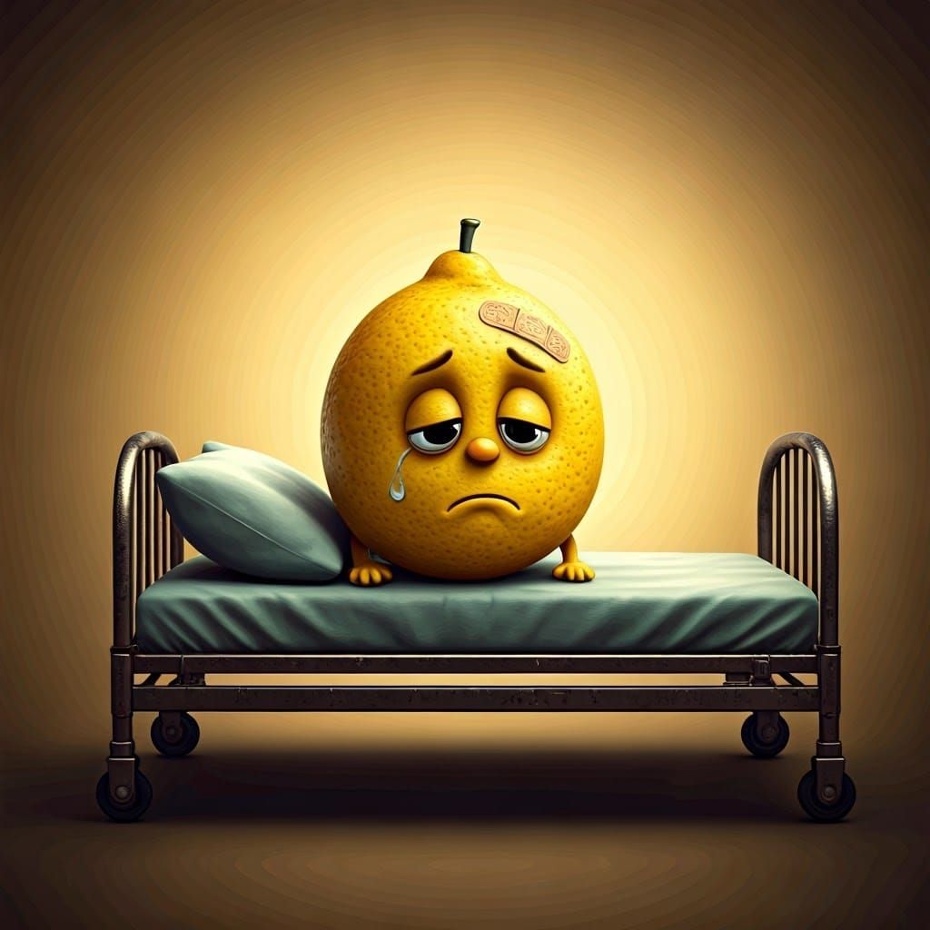 Sad Lemon in Hospital Bed: Nostalgic Digital Art