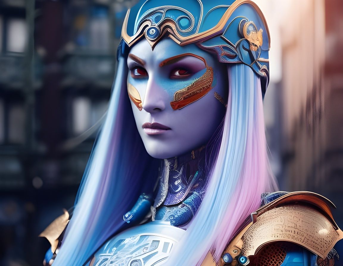 Robotic Android Portrait in Dystopian Cityscape