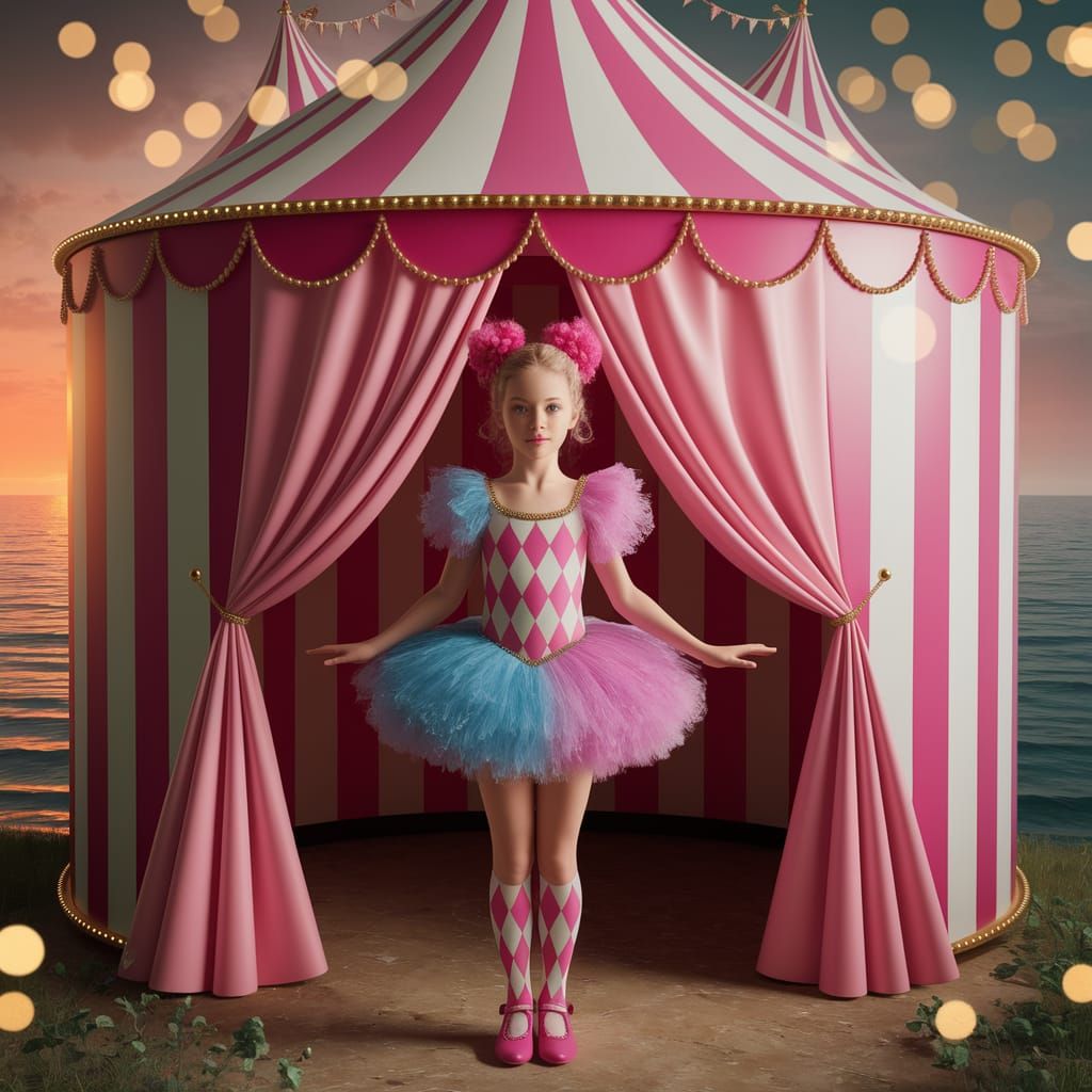 Girl in Harlequin Costume Before Circus Tent