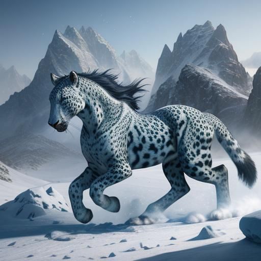 Snow Leopard Horse Hybrid in Snowy Mountains