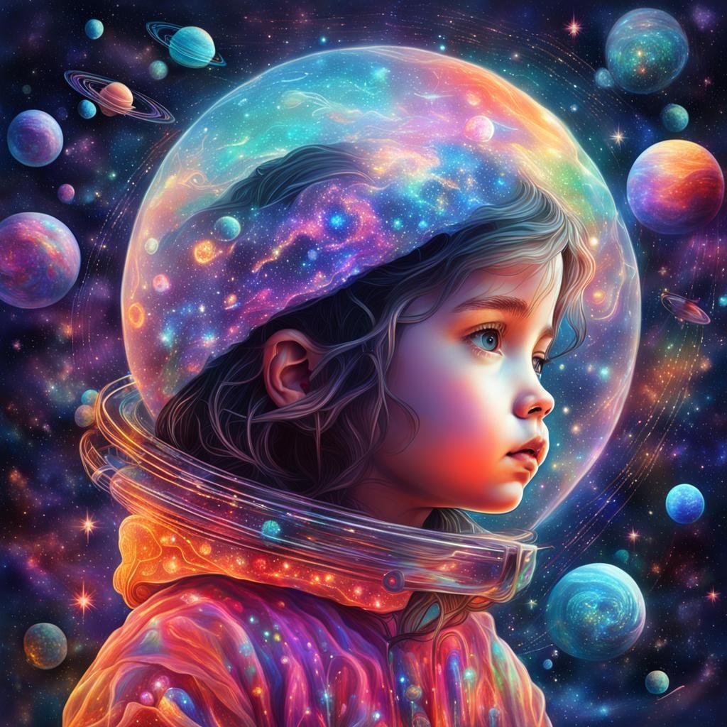 Astral Cosmic Illustration: Little Girl in Space