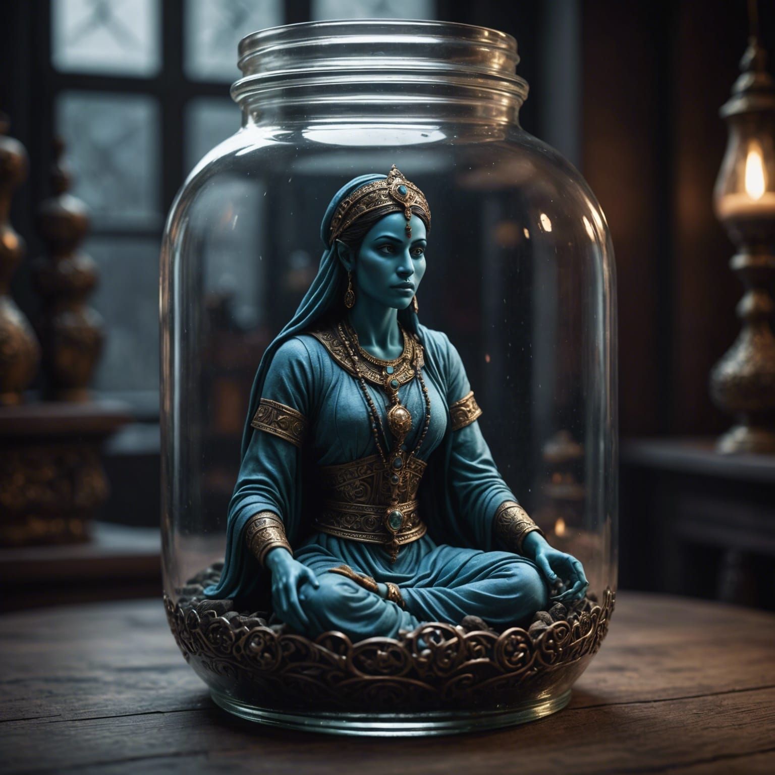 Hyperrealistic Female Djinn Trapped in Glass Jar