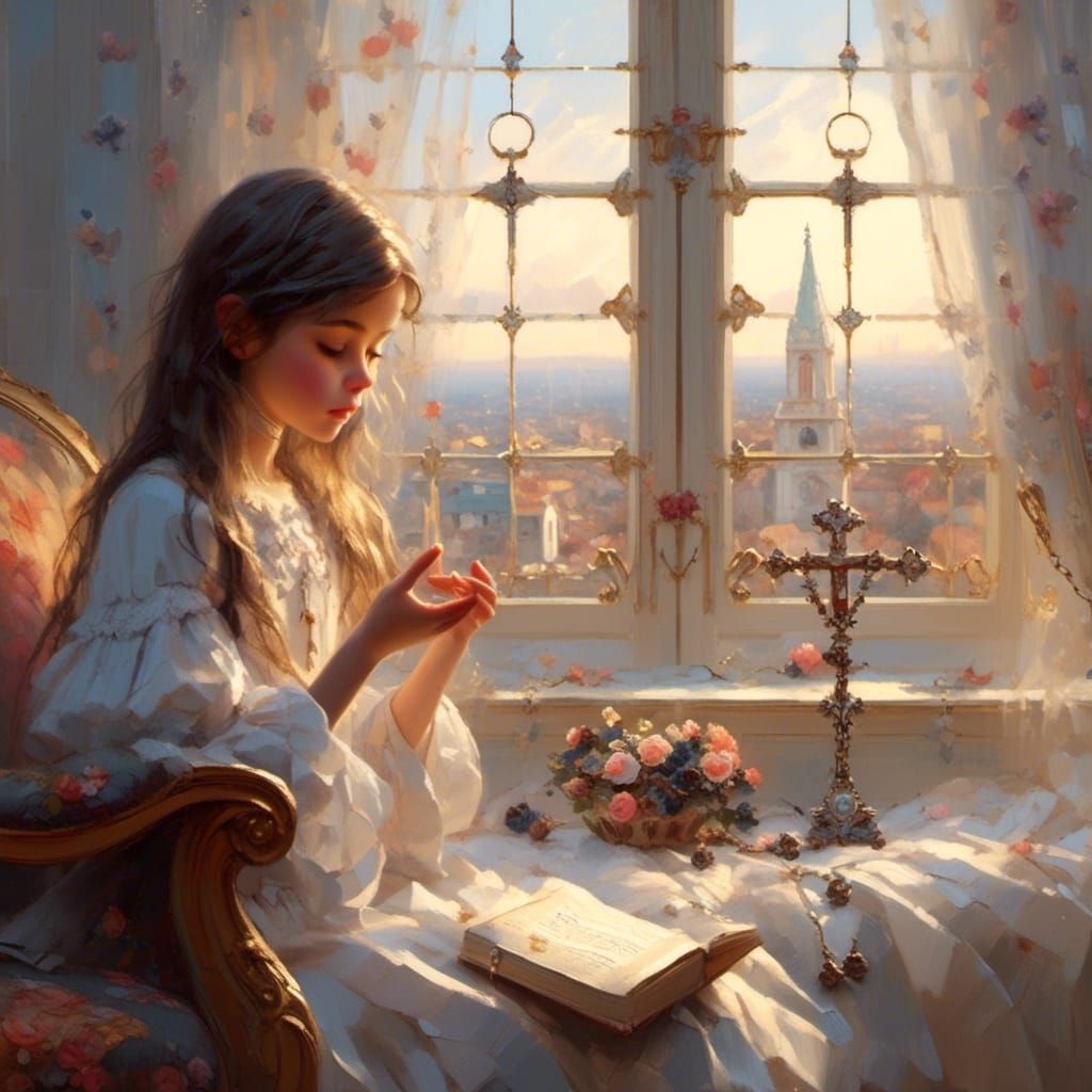 Girl Praying Rosary by Window