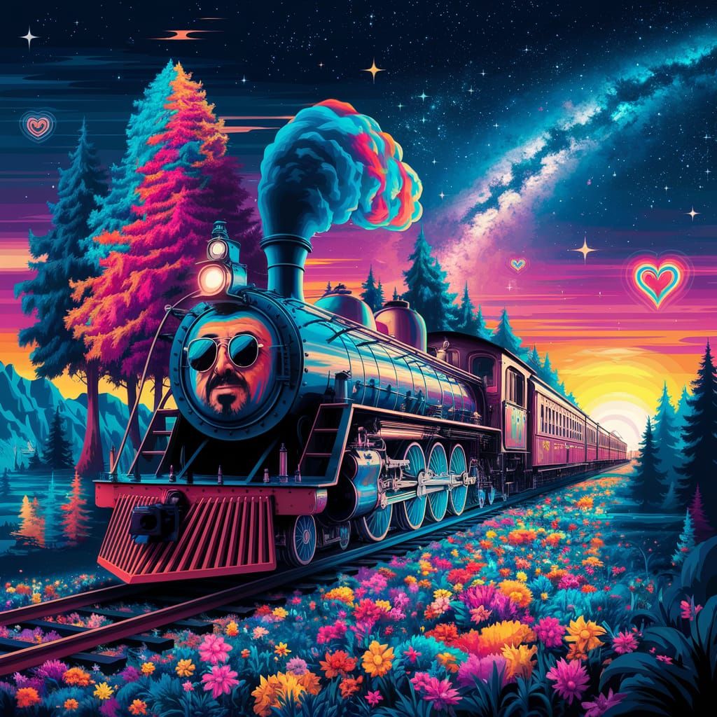 Psychedelic Train with Ringo Starr Face and Cosmic Sunset