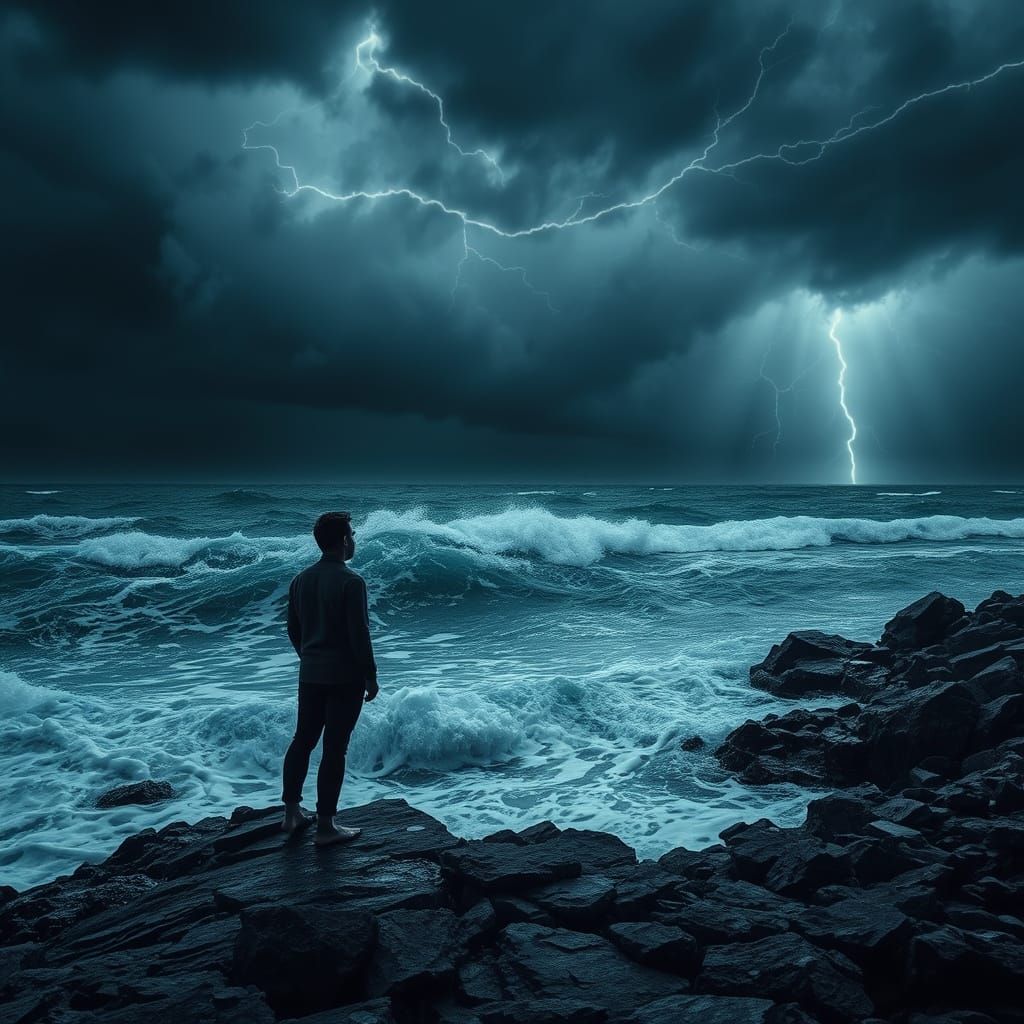 Barefoot Figure on Turbulent Shore in Cinematic Hyperrealism