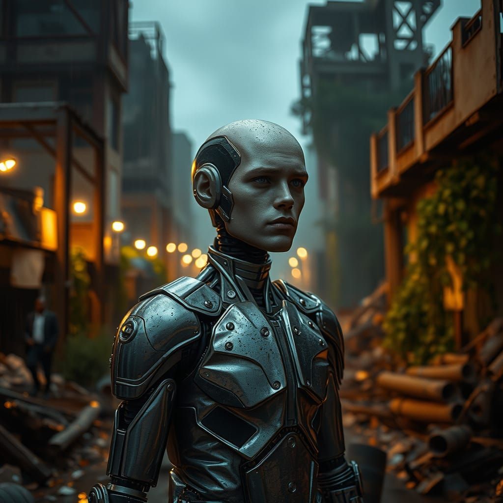 A male android with a hauntingly realistic human face, clad ...