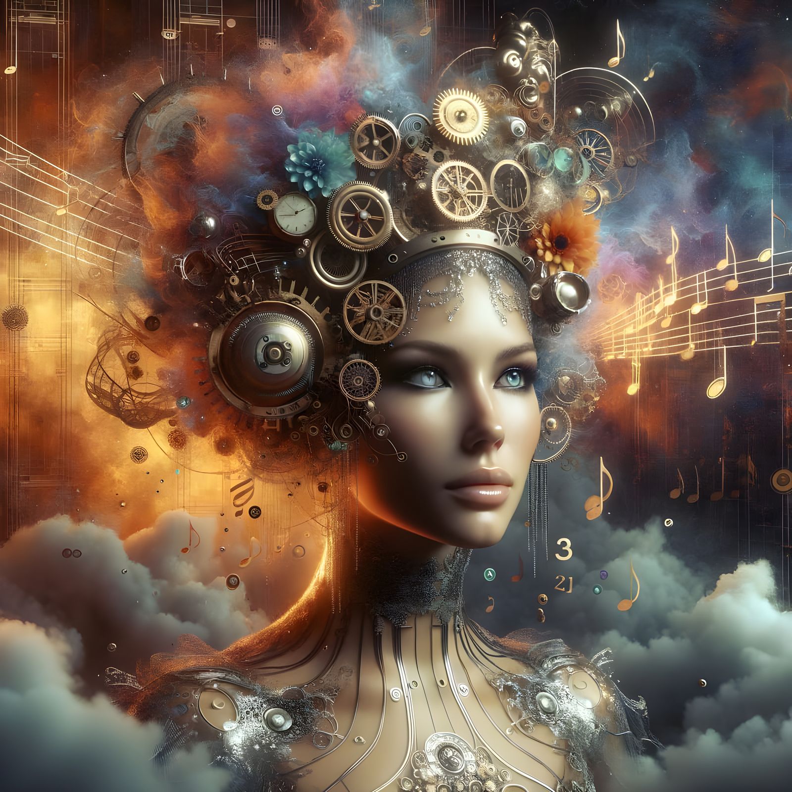 Steampunk Woman with Clockwork Crown and Musical Hair