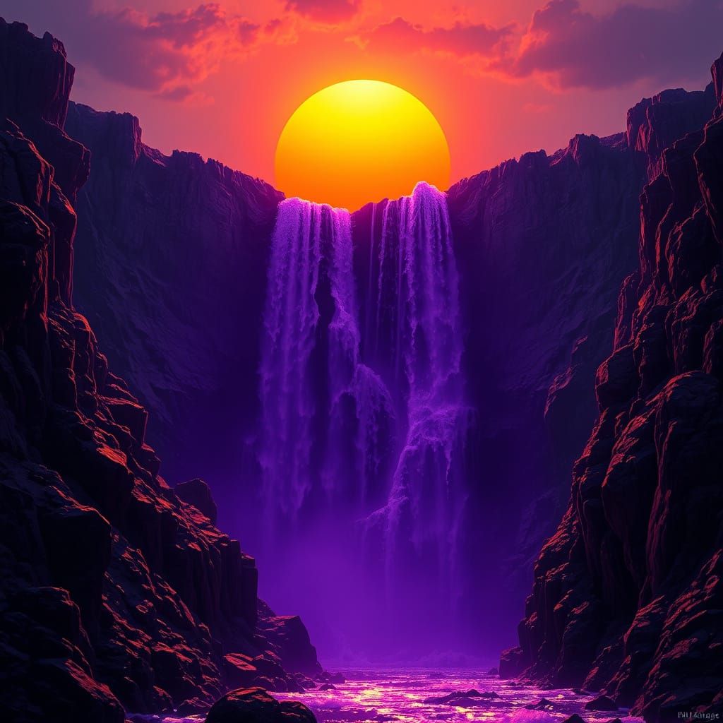 Dramatic Sunset Over Purple Waterfall