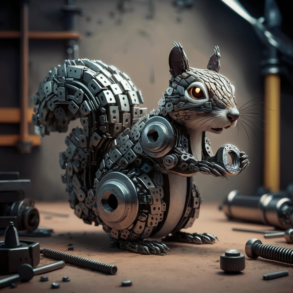 Metal Nut and Bolt Squirrel in Workshop