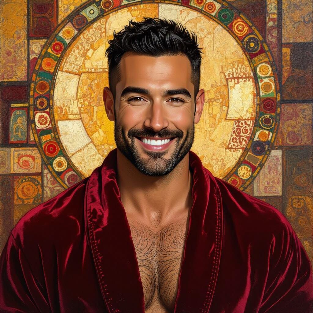 Man in Red Robe, Impressionist Portrait in Klimt Style