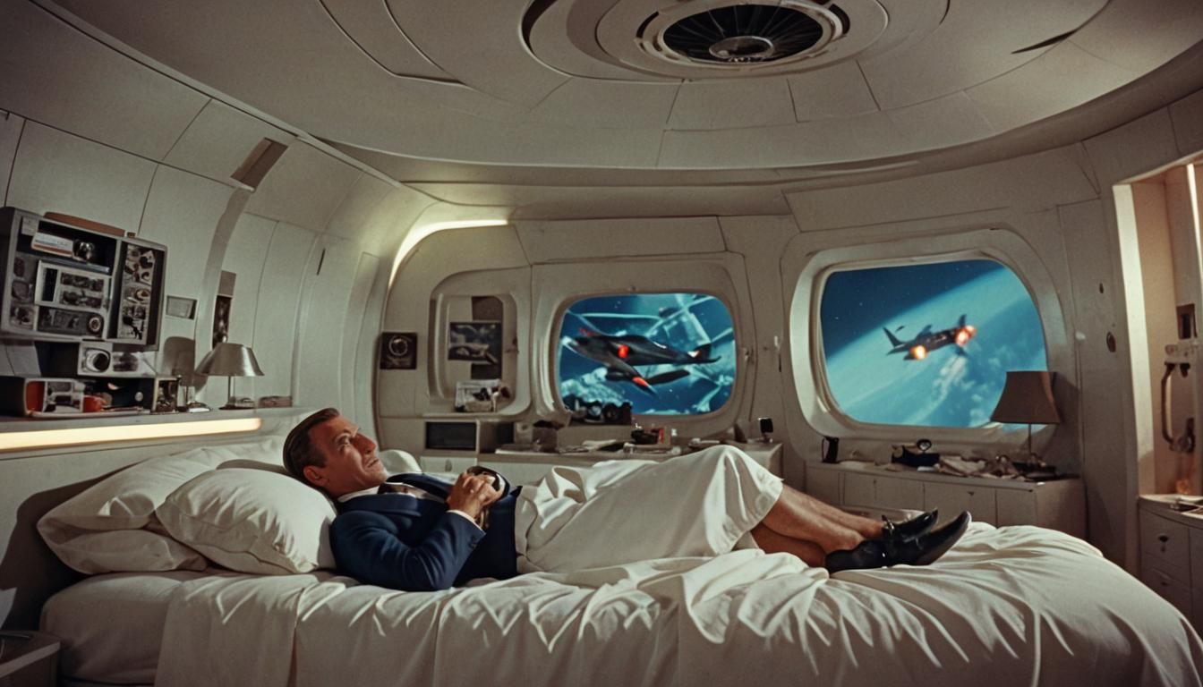 Retro-Futuristic Bedroom Interrupted by Turbine, Cinematic S...