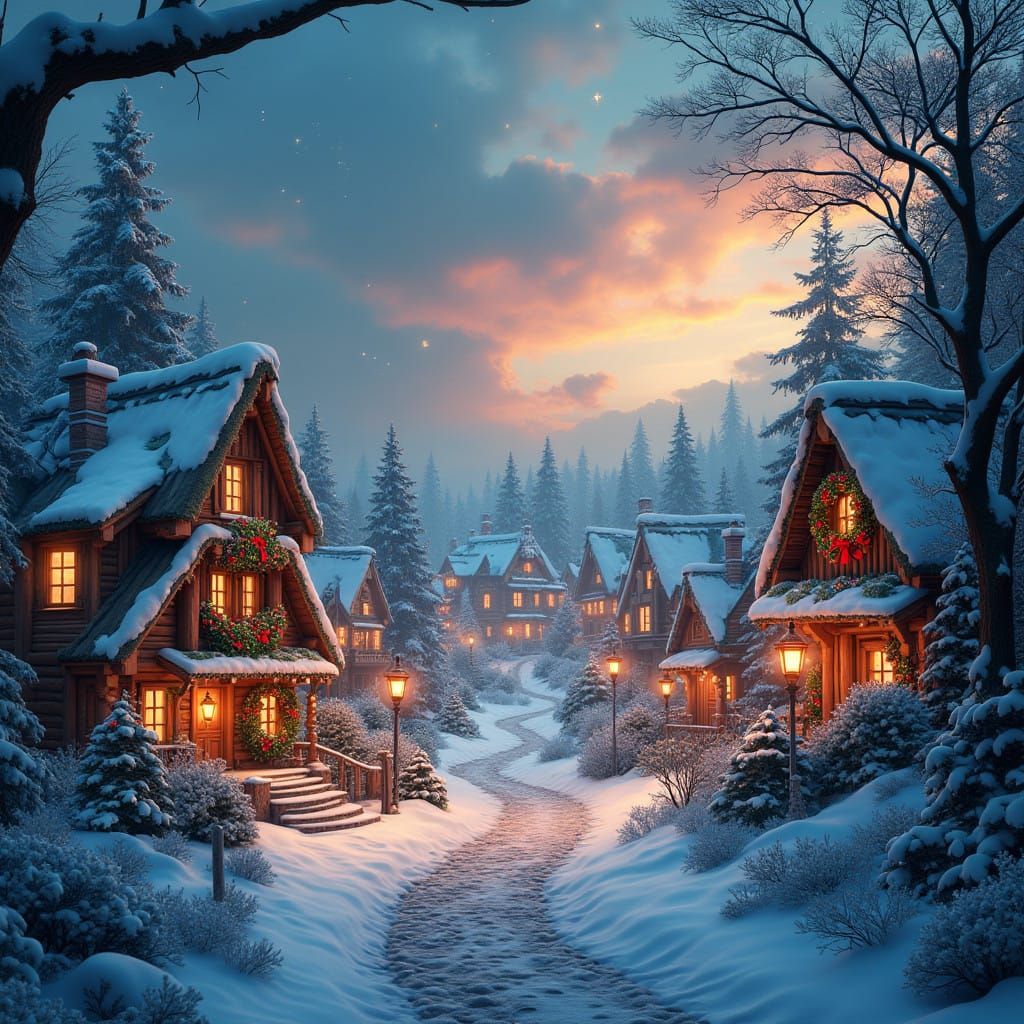 Enchanted Winter Wonderland Scene in Golden Hour Light