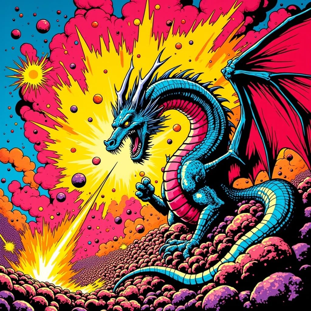 Detailed Dragon Launches Fireball in Pop Art Style