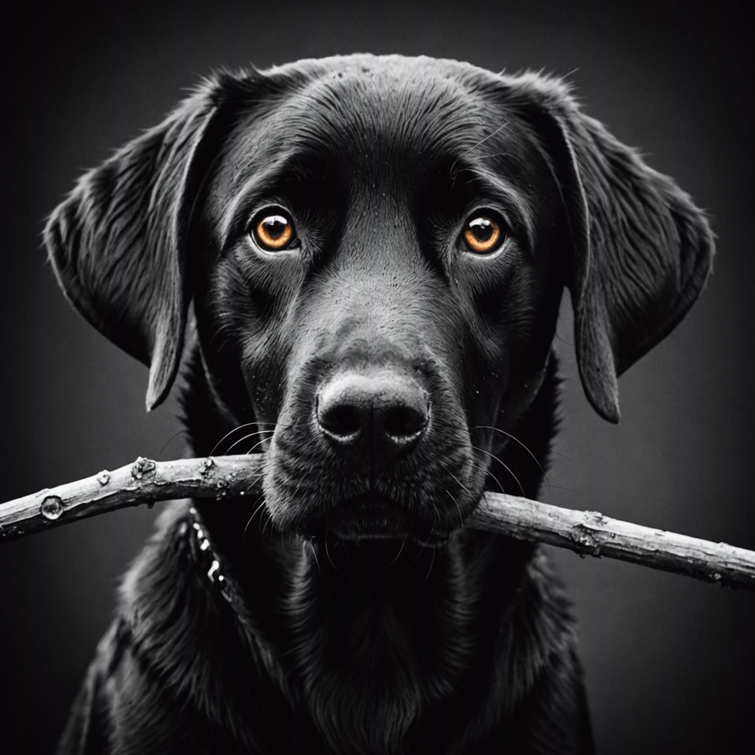 Black Labrador with Stick: Macro Black and White Portrait