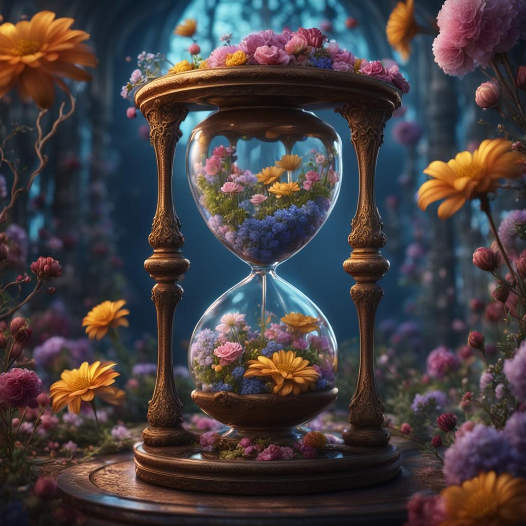 Hourglass Overflowing with Flowers in Detailed Matte Paintin...