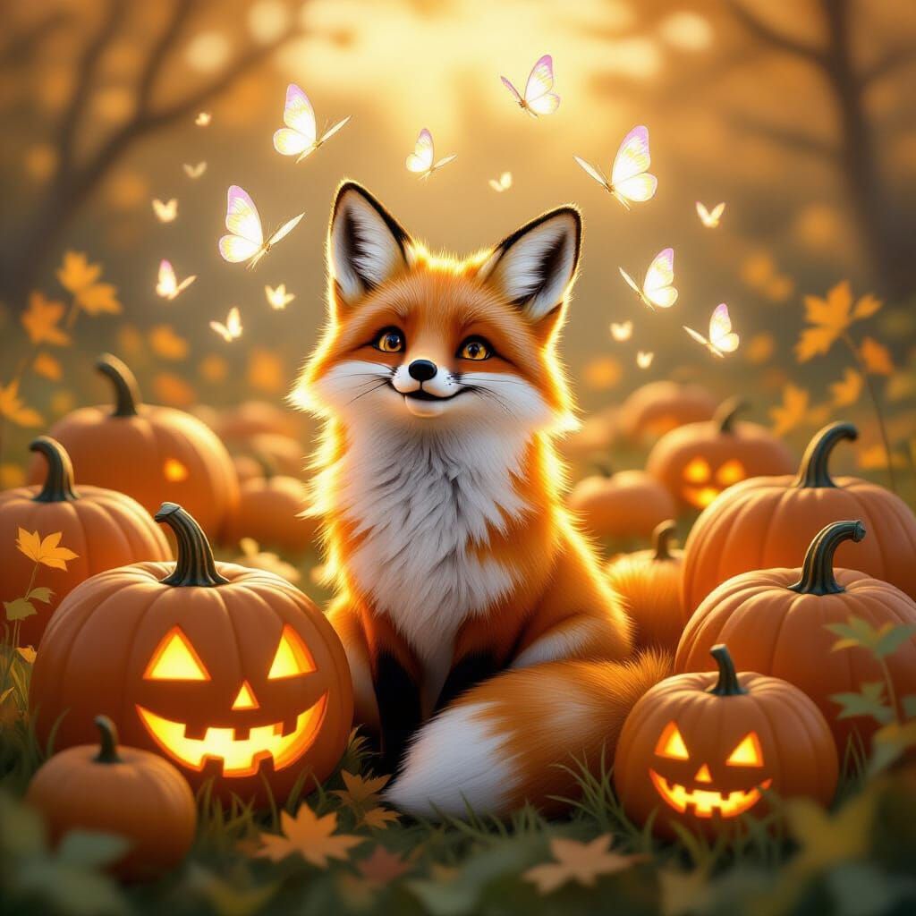 Cheerful Fox in Glowing Pumpkin Field with Butterflies