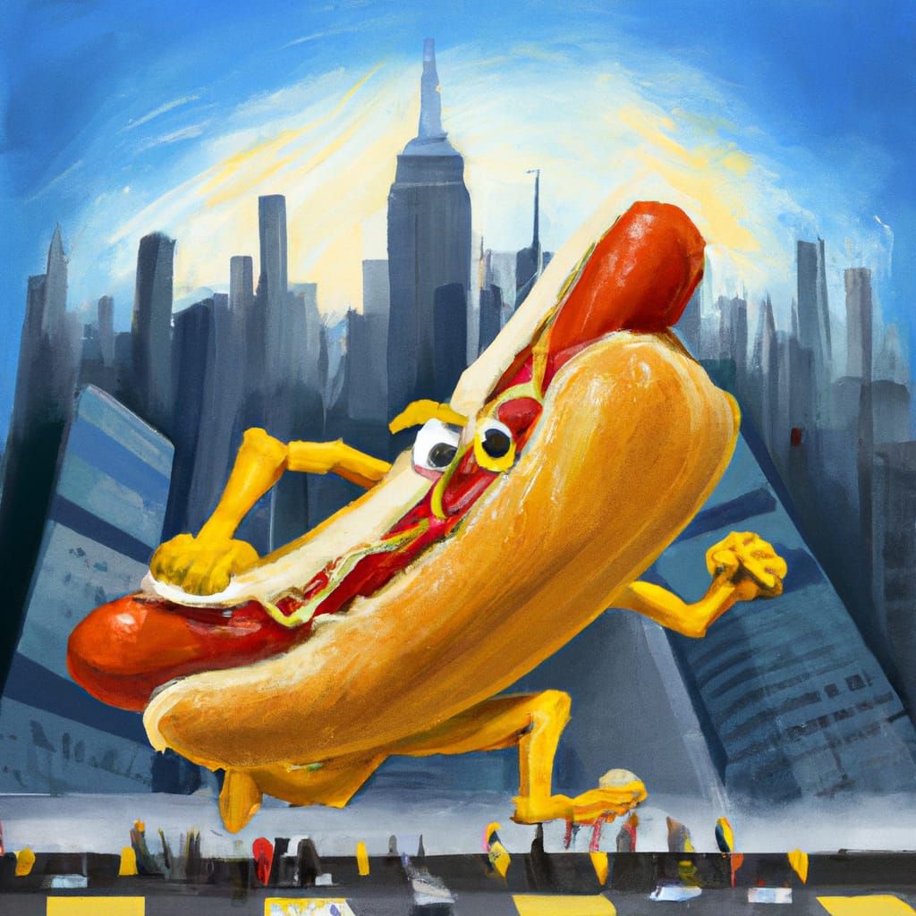Giant hot dog rampaging big city