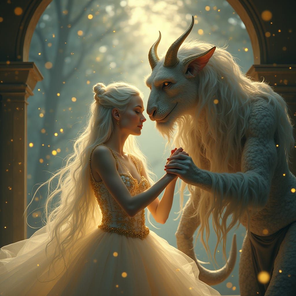 Whimsical Femme Dances with Mystical Demon Under Golden Moon...