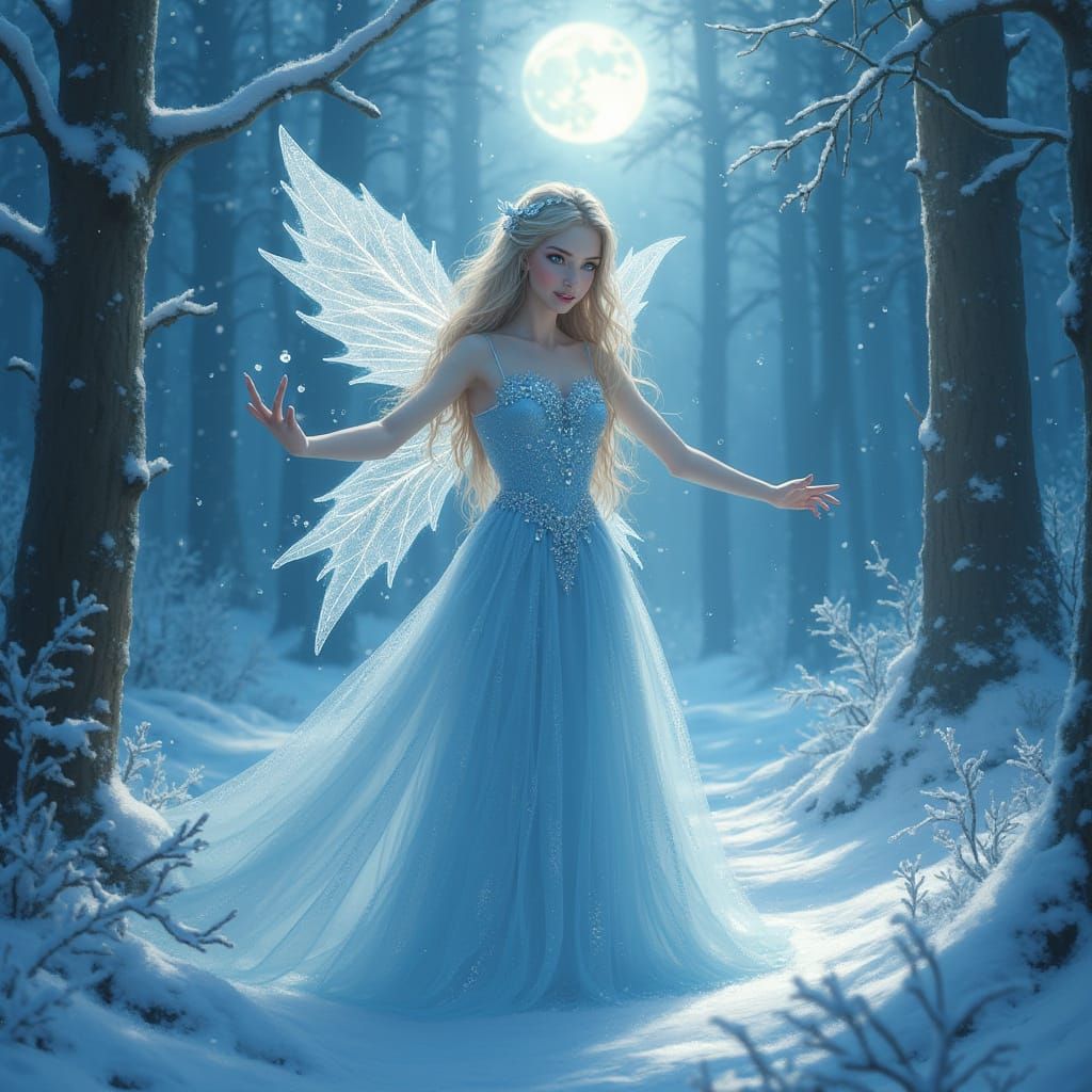 Whimsical Frost Fairy in Serene Snowy Forest