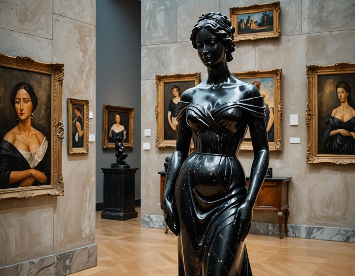Black Marble Statue in Art Gallery