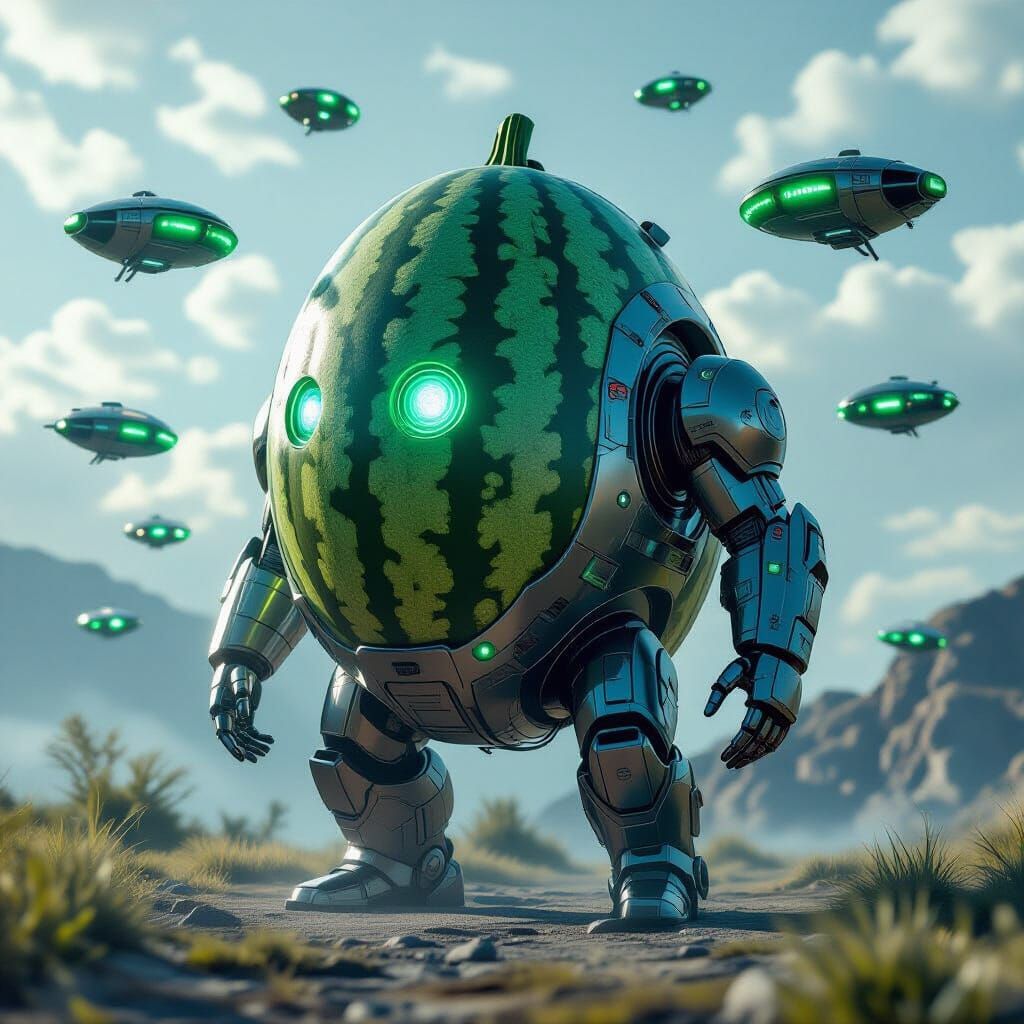 Futuristic Watermelon Homebase for Glowing Alien Spaceships