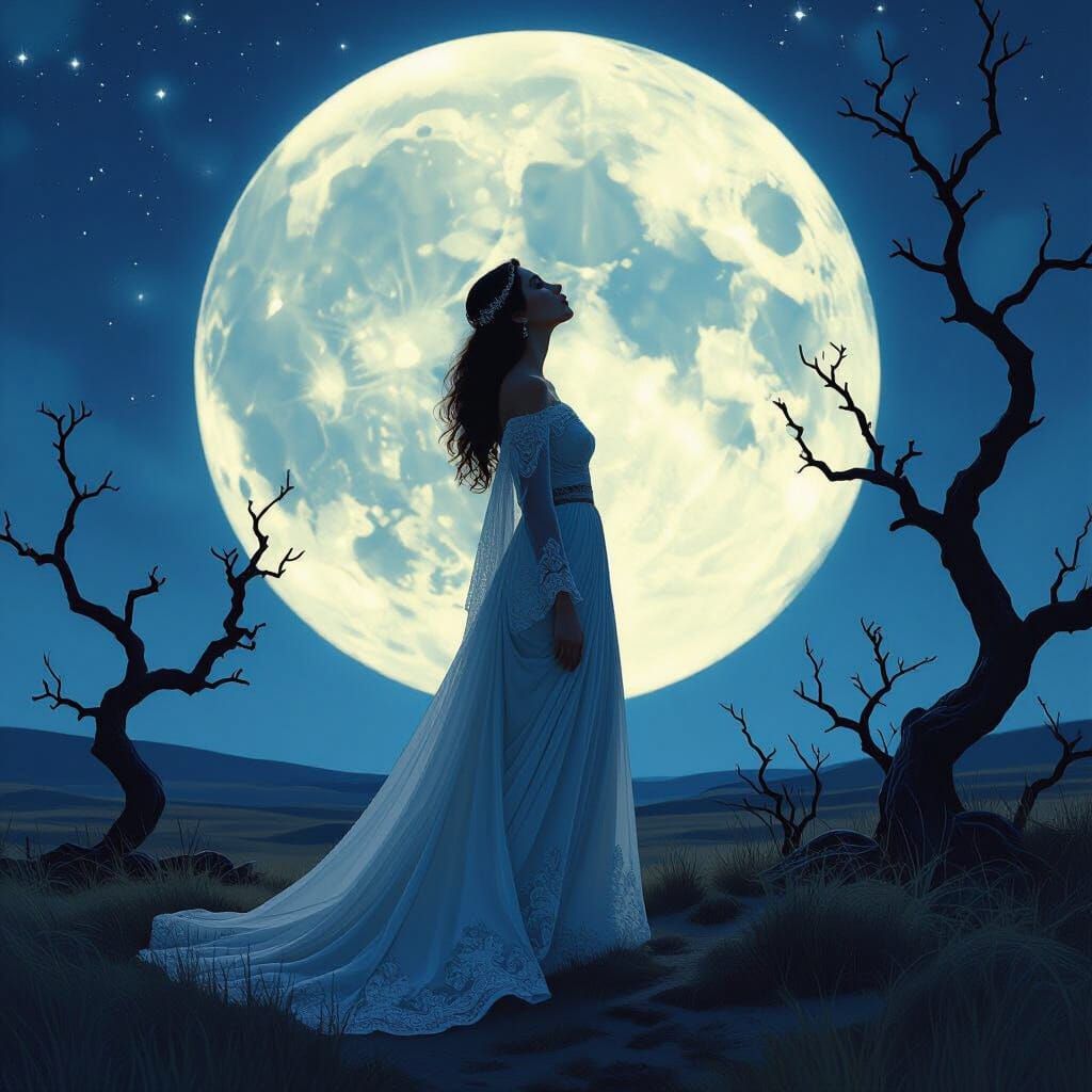 Cosmic Silhouette: Woman Gazing at Moon in Art Nouveau Style