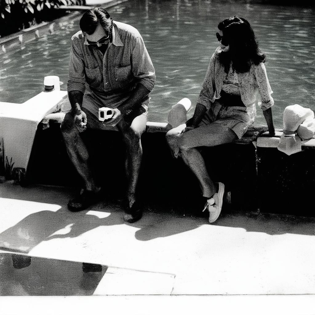 Retro Polaroid Photo of Father and Daughter Poolside