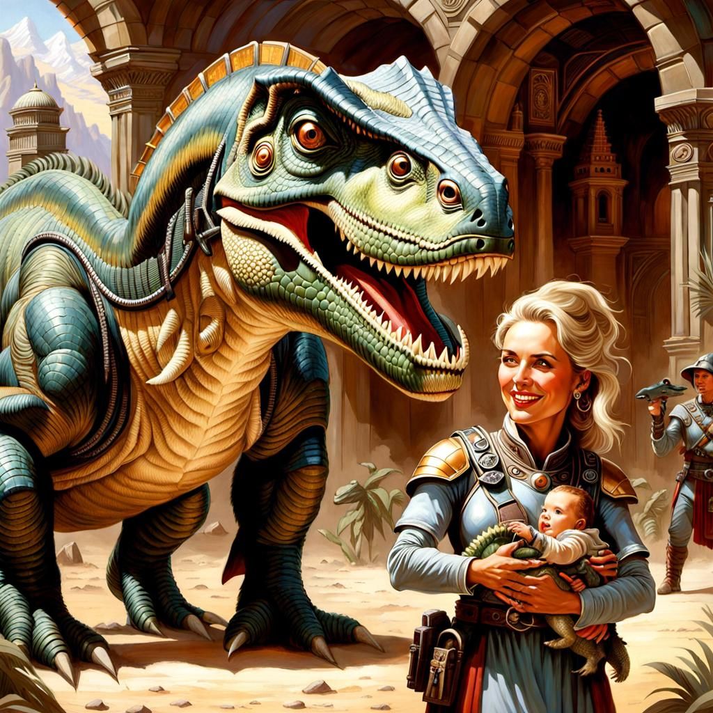 Dinotopia Scene: Adventurer with Baby Dinosaur