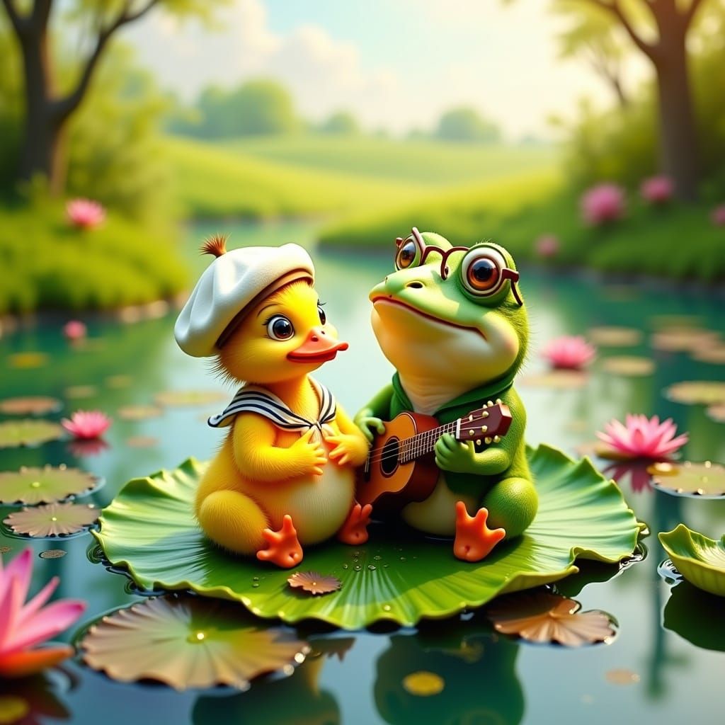 Duckling and Frog Serenade on Lily Pad