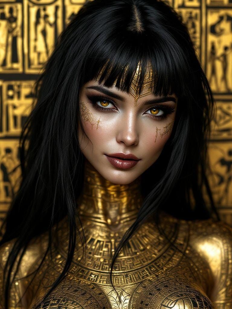 Egyptian Queen in Golden Hieroglyphic Bodypaint