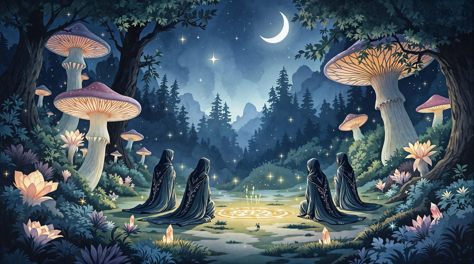 Mystical Ritual in Dreamlike Forest at Night