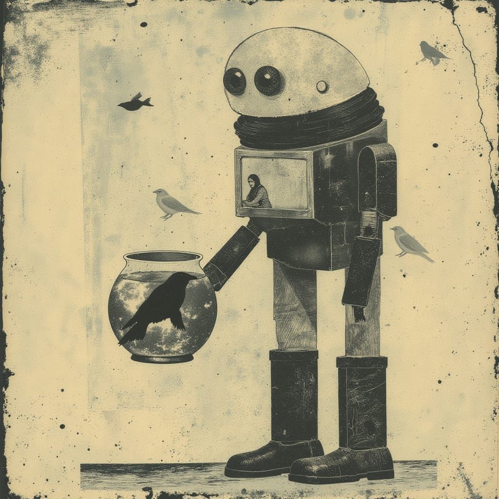 Cute Robot Holding a Fishbowl