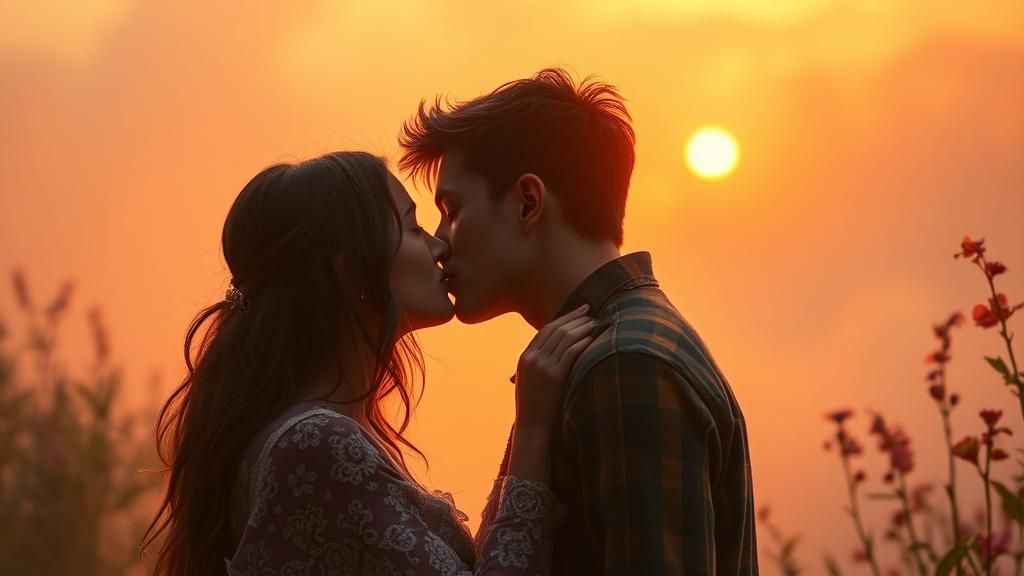 Couple's Tender Kiss at Misty Sunrise in Dreamlike Style