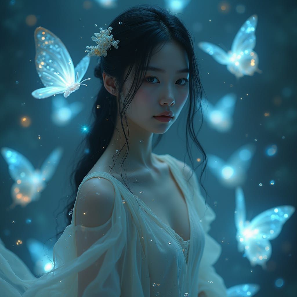 Serene Asian Goddess in Whirling Bioluminescent Bloom