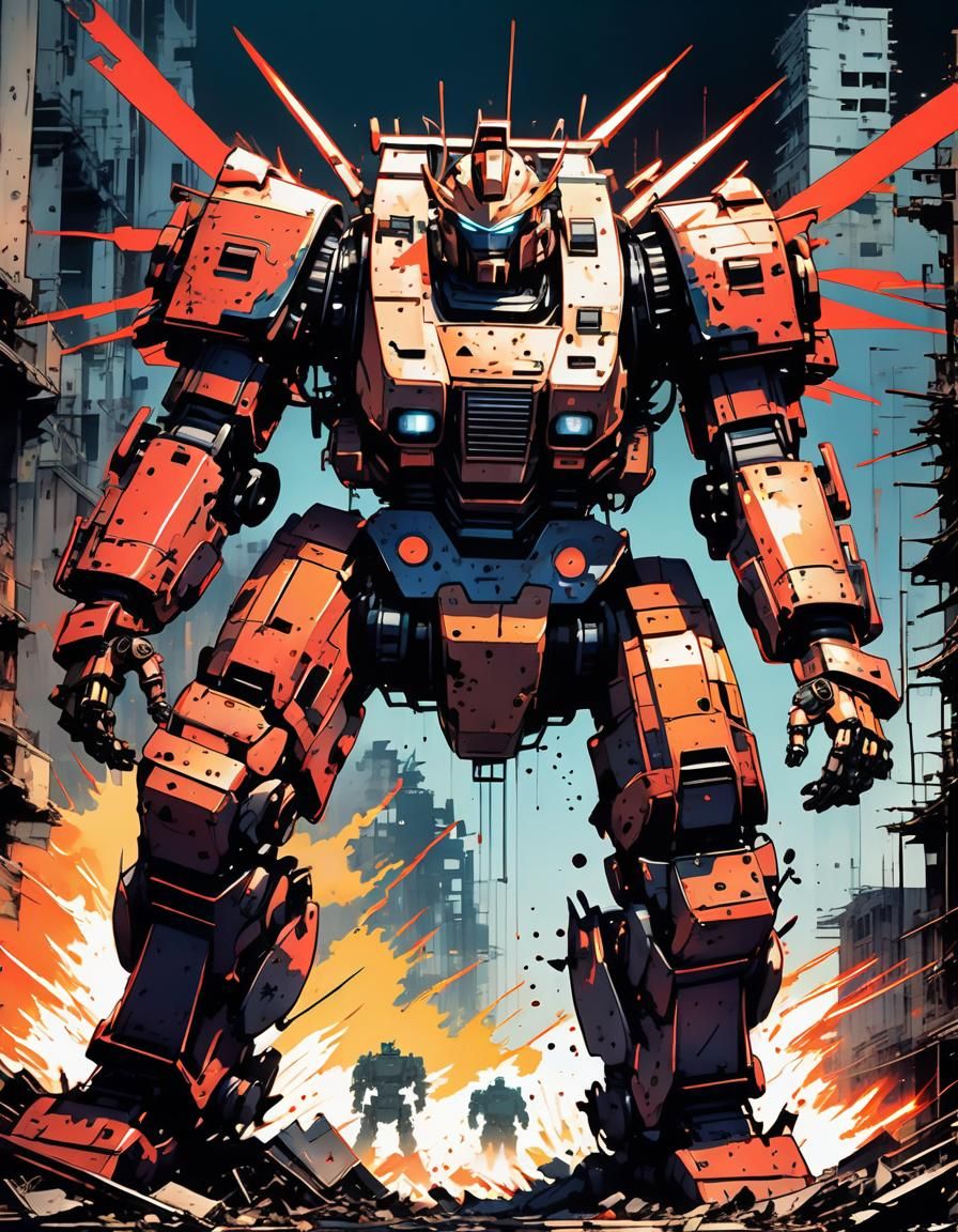 Epic Mecha Battle in Ruined City, Manga Style
