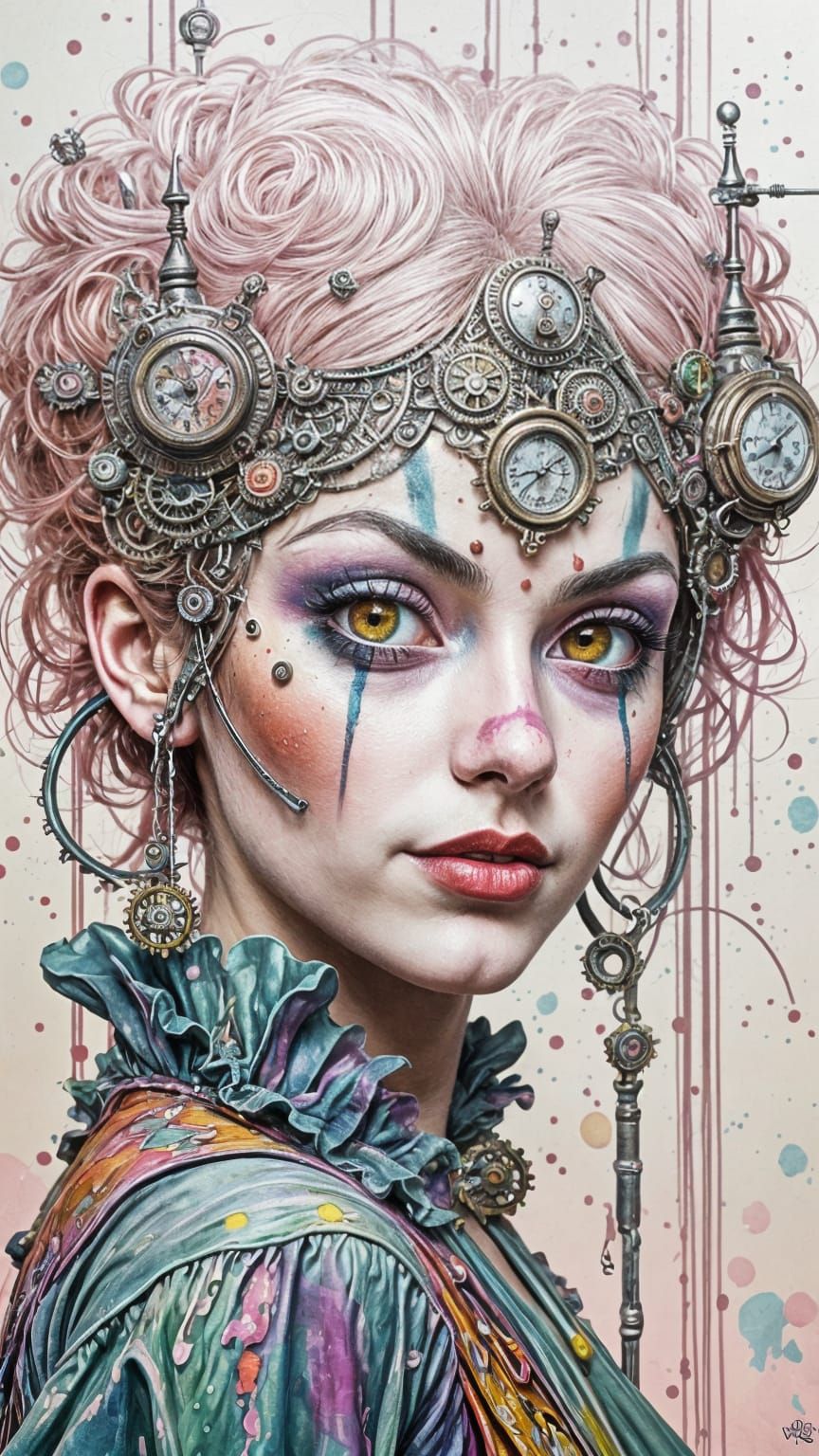 Whimsical Steampunk Clown in Vibrant Impressionist Colors