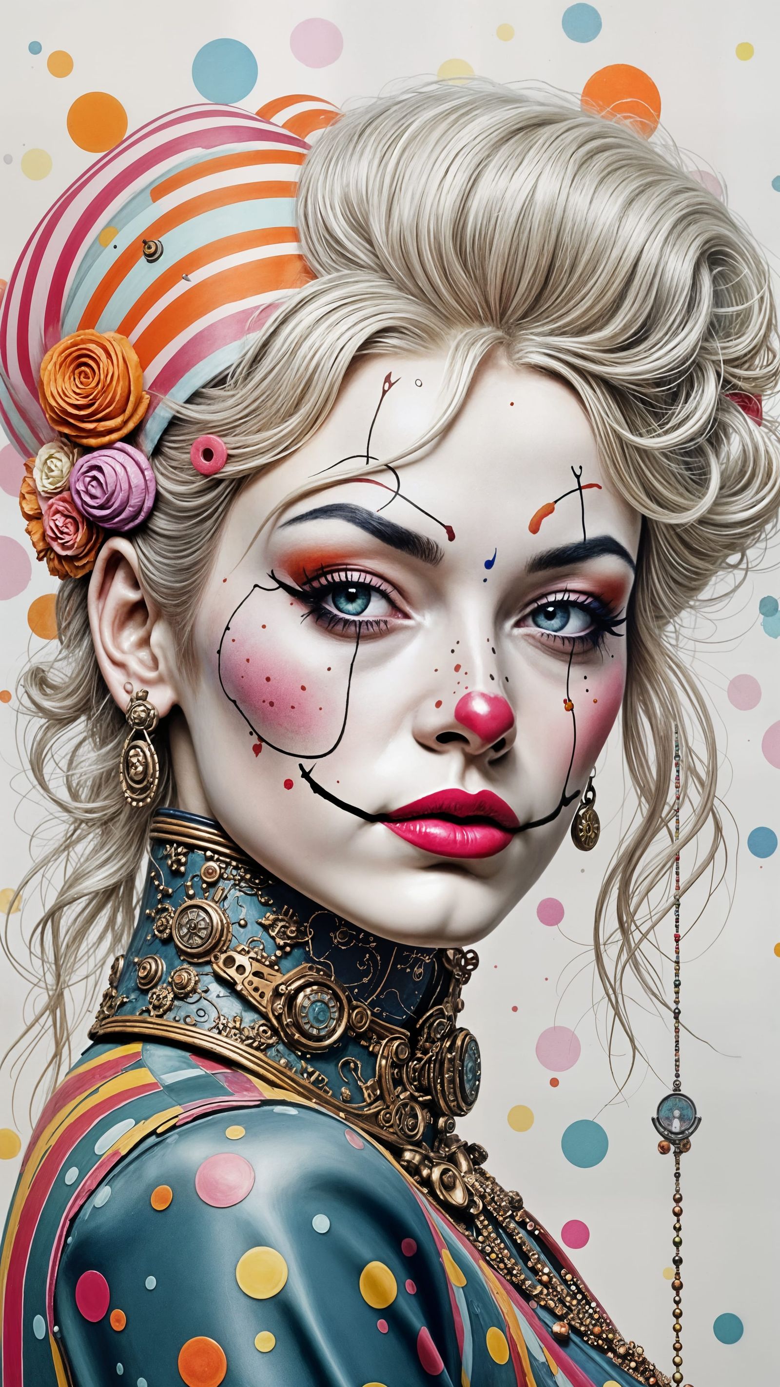 Steampunk Clown in Whimsical, Vibrant Striped Suit