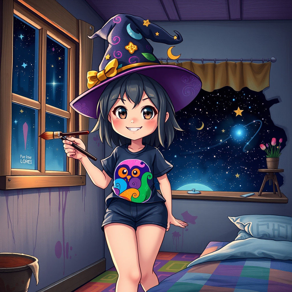 Anime Witch Girl Painting Stars in Bedroom