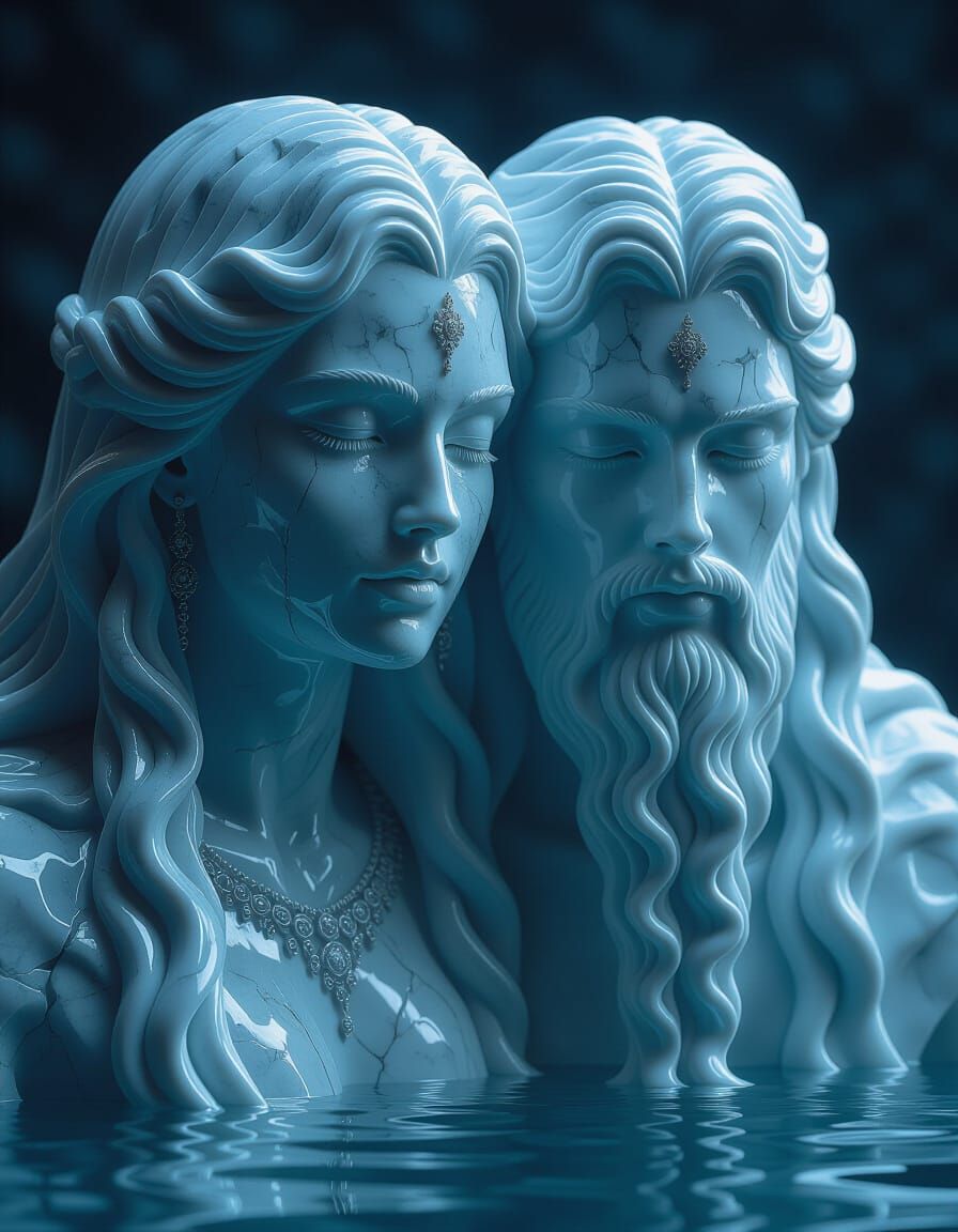 Dual-Headed Water Spirit Statue in Fantasy Art Style