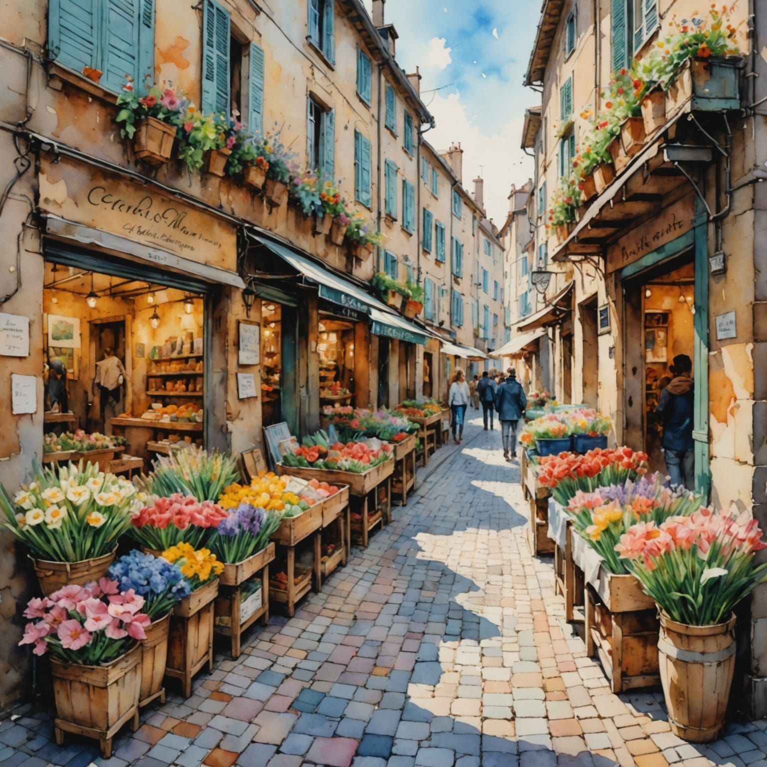 French Flower Market in Watercolor Painting Style
