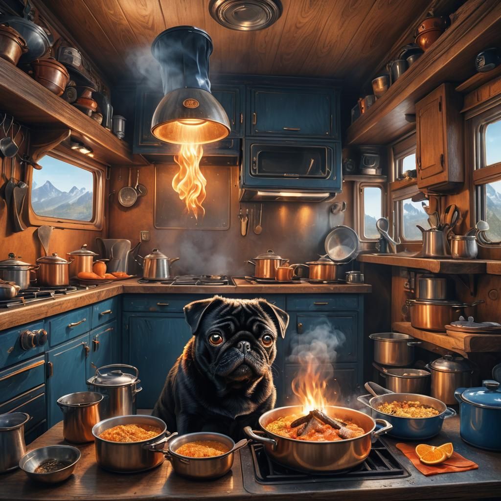 Pug Chef Cooking in a Cozy Motor Home