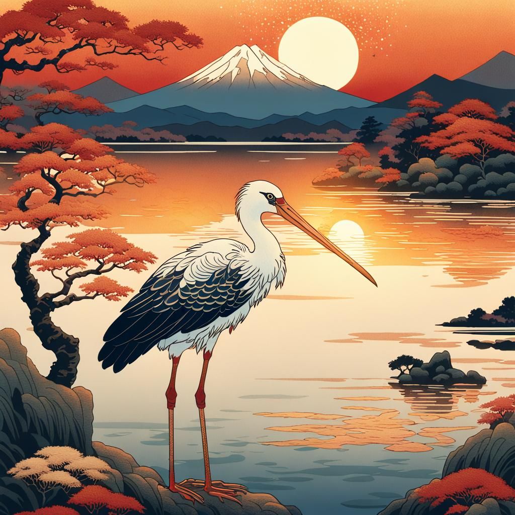 Stork in Japanese Garden: Ukiyo-e Style Print