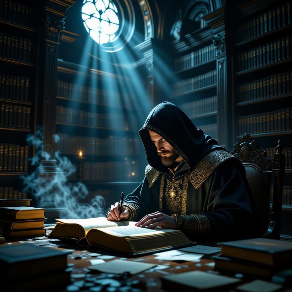 Scholar Reads Glowing Tome in Dark Fantasy Library