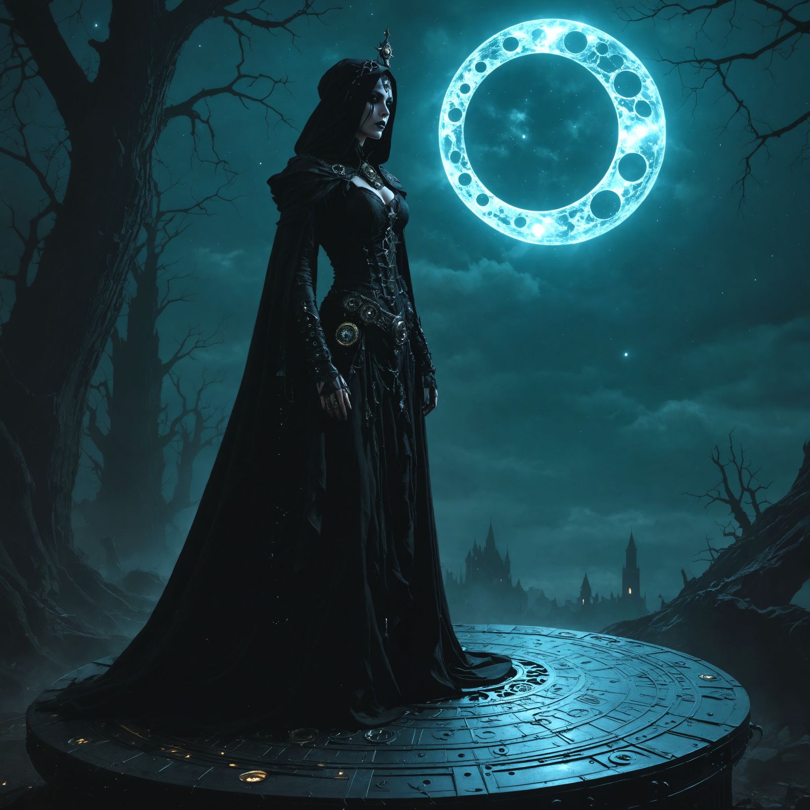 Gothic Steampunk Priestess Under Eclipsed Moon