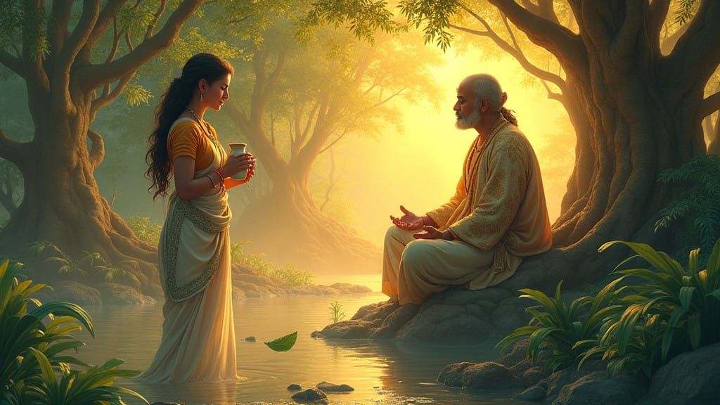 Indian Mythology God Chaturdas in Elegant Robes Holding Wate...