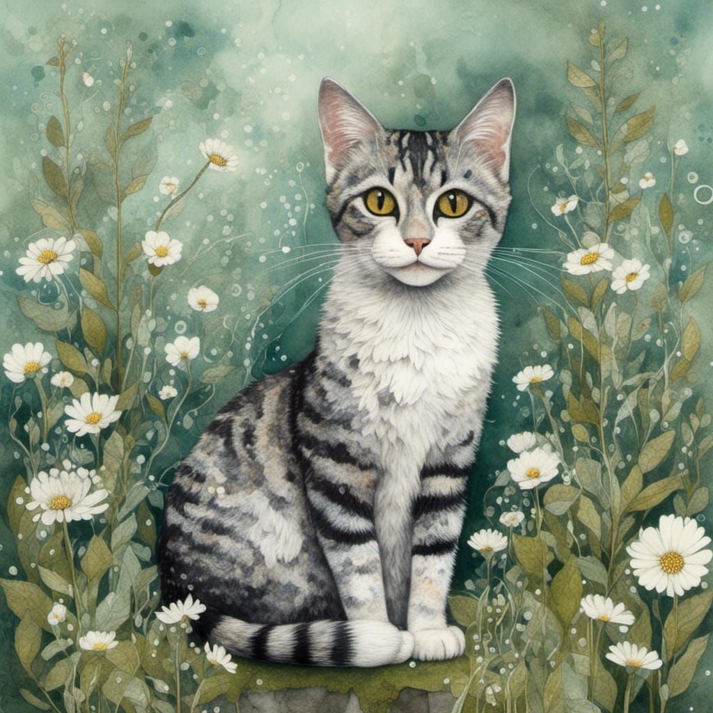 Watercolor Cat with Newspaper Texture