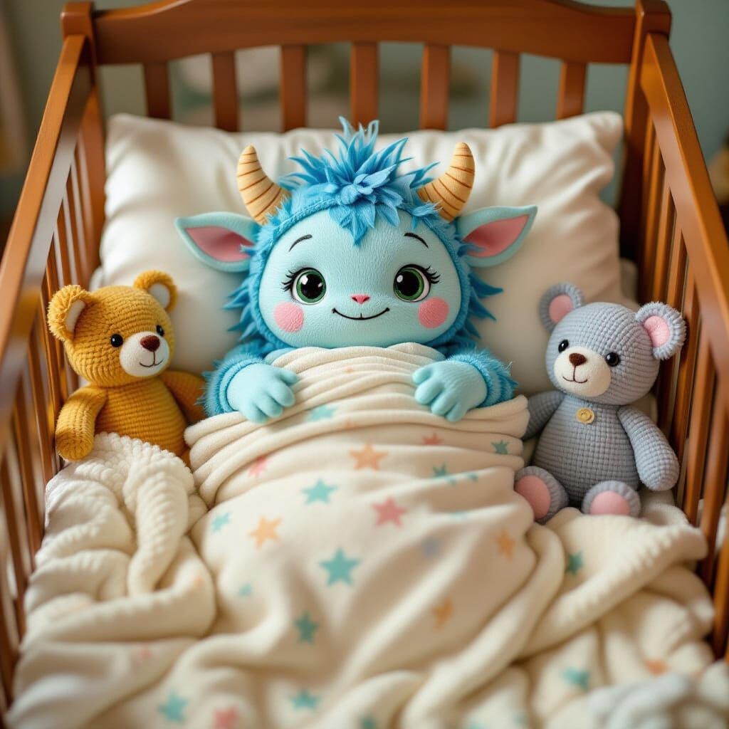 Adorable Monster Baby in Crib, Storybook Style